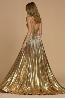 Glitzernd Golden Metallic Spaghettiträger Lang Ballkleid mit Schlitz