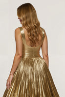 Laden Sie das Bild in den Galerie-Viewer, Glitzernd Golden A Linie Metallic Lang Ballkleid mit Schlitz