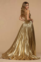Laden Sie das Bild in den Galerie-Viewer, Metallic Golden A-Linie V-Ausschnitt Falten Lang Ballkleid mit Schlitz
