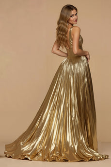 Metallic Golden A-Linie V-Ausschnitt Falten Lang Ballkleid mit Schlitz