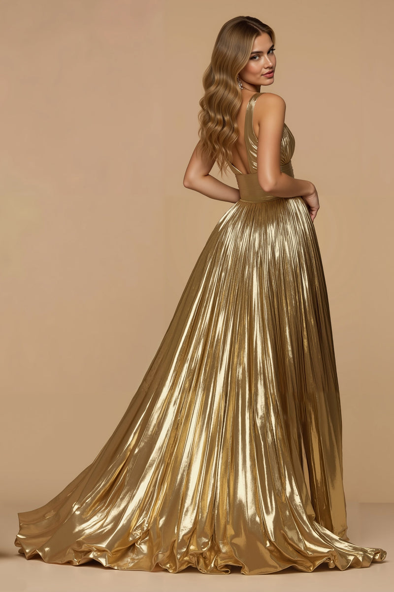 Laden Sie das Bild in den Galerie-Viewer, Metallic Golden A-Linie V-Ausschnitt Falten Lang Ballkleid mit Schlitz
