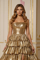 Laden Sie das Bild in den Galerie-Viewer, Glitzernd Golden Metallic A-Linie Stufig Lang Ballkleid mit Schlitz