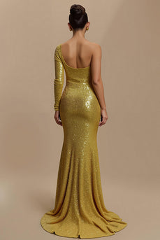 Glitzer Golden Meerjungfrau Pailletten Lang Abiballkleid mit Ärmeln