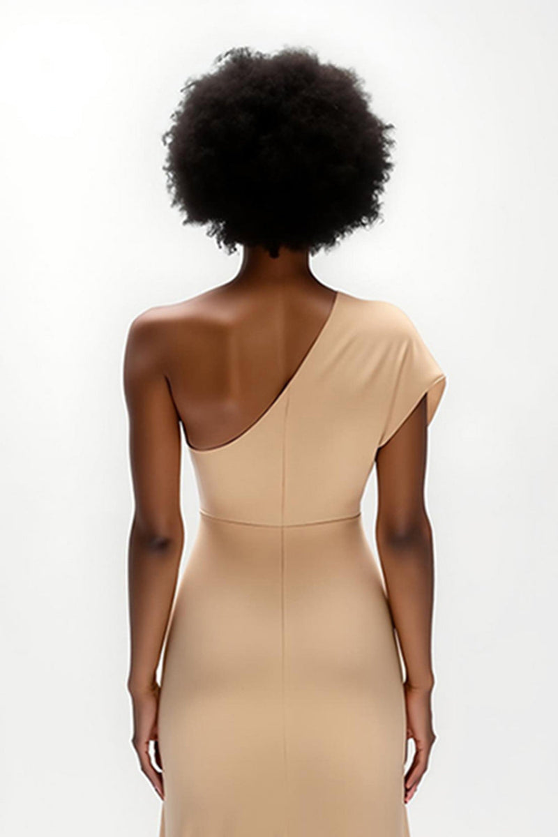 Laden Sie das Bild in den Galerie-Viewer, Champagner Sheath Satin Ein-Schulter Lang Hochzeitsgast Kleid