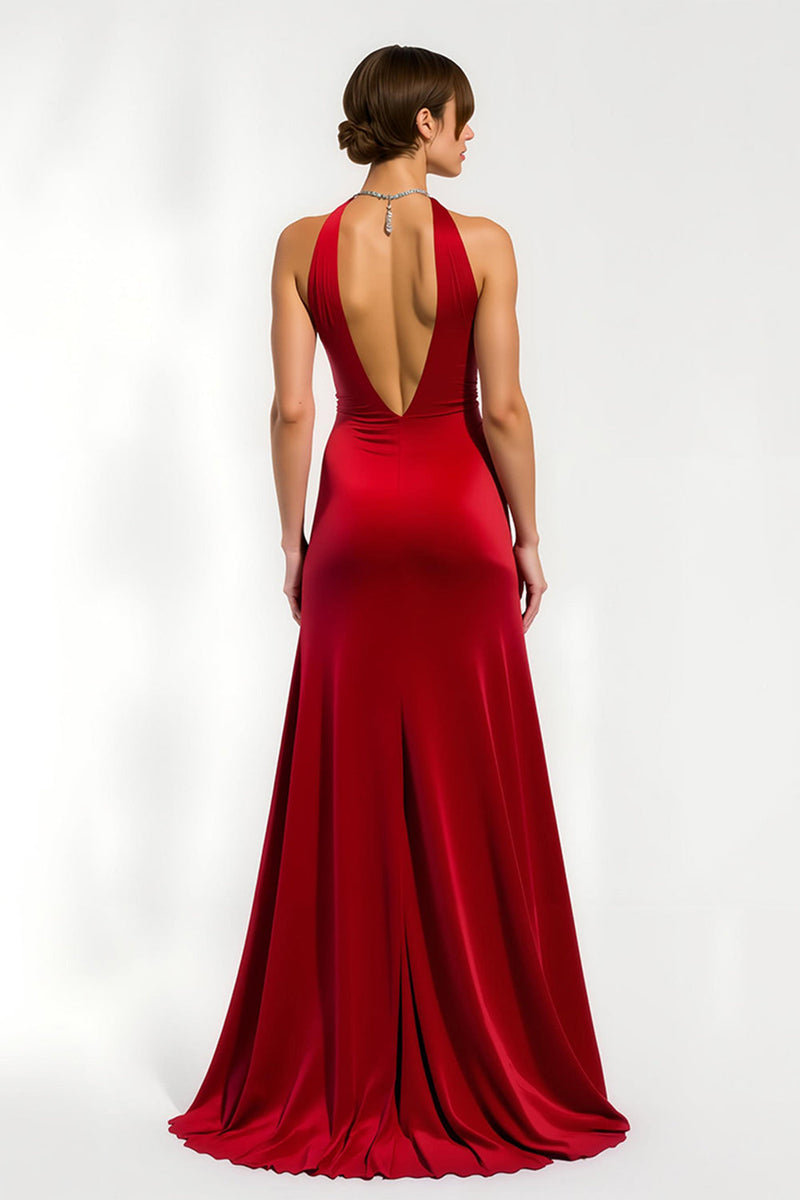 Laden Sie das Bild in den Galerie-Viewer, Rotes Sheath V-Ausschnitt Satin Lang Ballkleid mit Schlitz