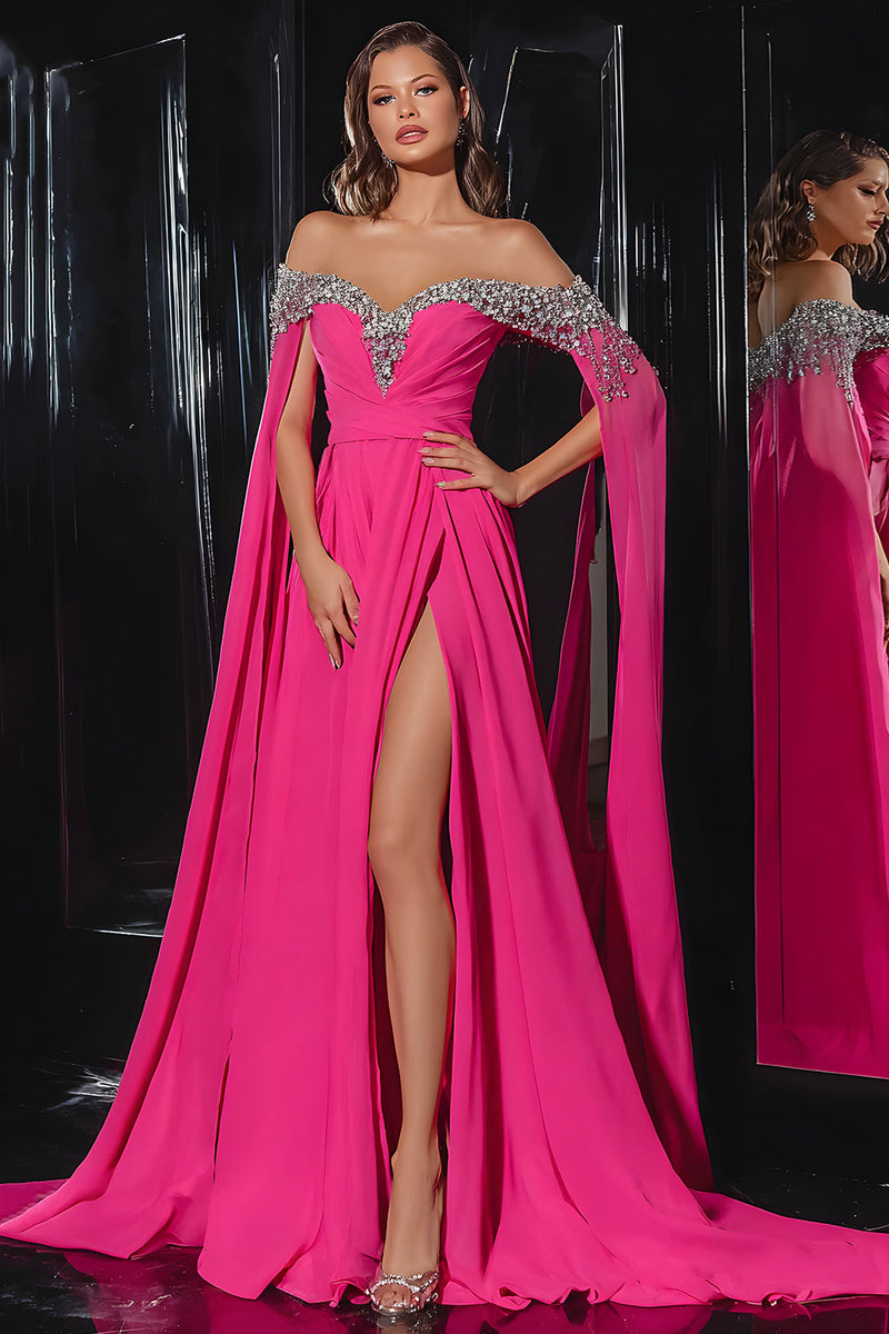 Laden Sie das Bild in den Galerie-Viewer, Glitter Fuchsia Schulterfrei A-Linie Lange Ballkleid mit Schlitz