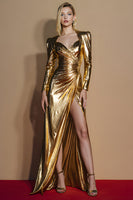Laden Sie das Bild in den Galerie-Viewer, Golden Glitter Geraffte Lange Ärmel Ballkleid mit Schlitz