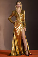 Laden Sie das Bild in den Galerie-Viewer, Golden Glitter V-Ausschnitt Lange Ärmel Ballkleid mit Schlitz