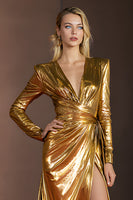 Laden Sie das Bild in den Galerie-Viewer, Golden Glitter V-Ausschnitt Lange Ärmel Ballkleid mit Schlitz