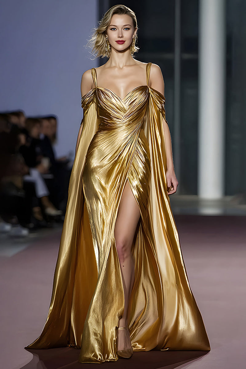 Laden Sie das Bild in den Galerie-Viewer, Golden Kalte Schulter Metallisch Lange Ballkleid mit Schlitz