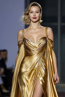 Golden Kalte Schulter Metallisch Lange Ballkleid mit Schlitz