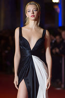 Laden Sie das Bild in den Galerie-Viewer, Einfaches Patchwork Geraffte Lange Schwarz und Weiß Kleid mit Schlitz