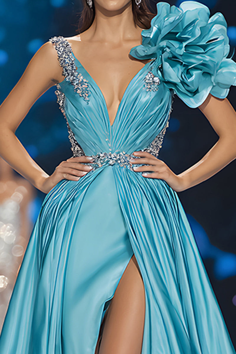Laden Sie das Bild in den Galerie-Viewer, Glitter Blau V-Ausschnitt A Linie Lange Ballkleid mit 3D Blume