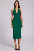 Laden Sie das Bild in den Galerie-Viewer, Schwarz Satin Bodycon Rückenfreie Midi Neckholder Cocktailkleid