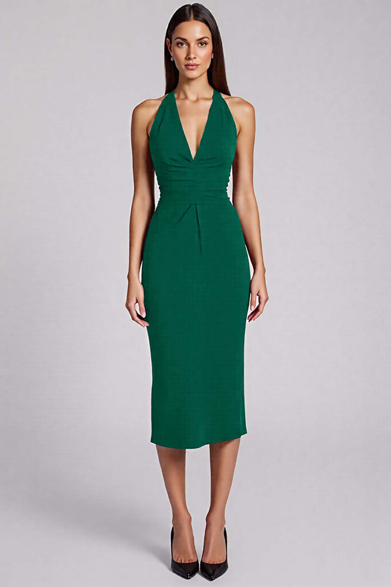 Laden Sie das Bild in den Galerie-Viewer, Schwarz Satin Bodycon Rückenfreie Midi Neckholder Cocktailkleid