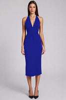 Laden Sie das Bild in den Galerie-Viewer, Schwarz Satin Bodycon Rückenfreie Midi Neckholder Cocktailkleid