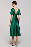 Laden Sie das Bild in den Galerie-Viewer, Schwarz A Linie V Ausschnitt Midi Satin Formelle Kleid mit Rüschen