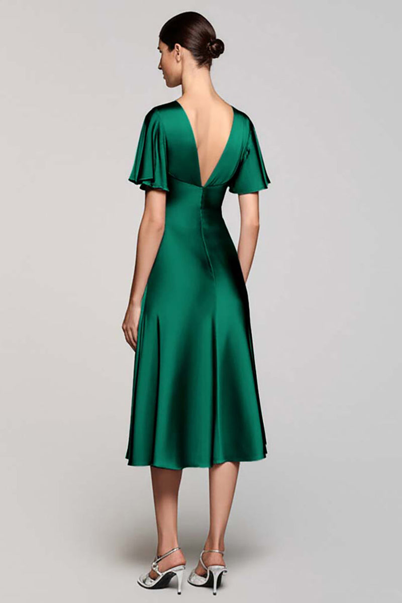 Laden Sie das Bild in den Galerie-Viewer, Schwarz A Linie V Ausschnitt Midi Satin Formelle Kleid mit Rüschen