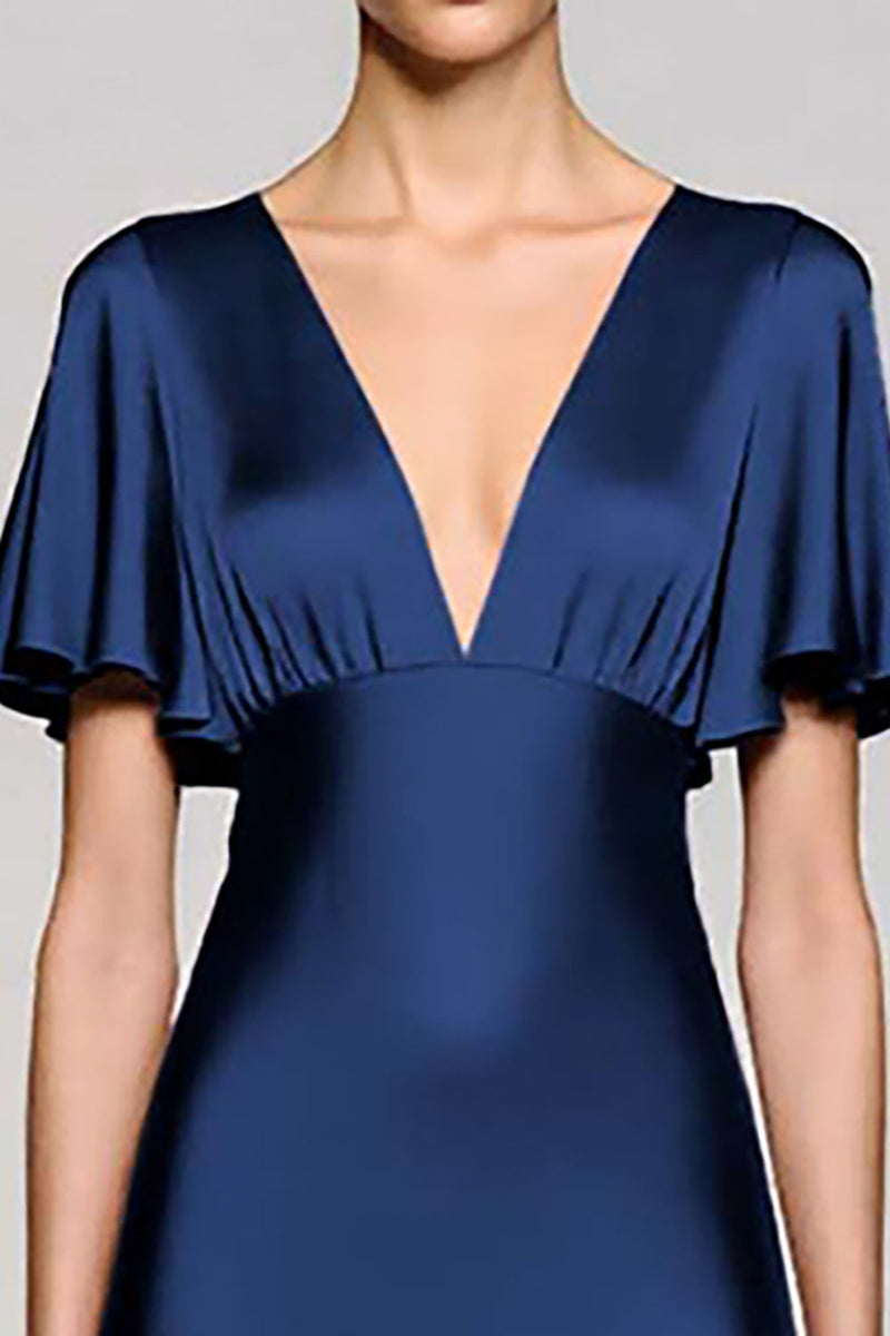 Laden Sie das Bild in den Galerie-Viewer, Schwarz A Linie V Ausschnitt Midi Satin Formelle Kleid mit Rüschen