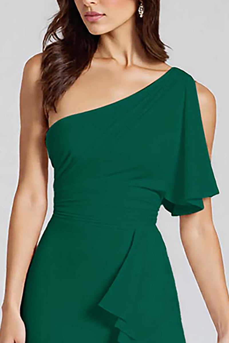 Laden Sie das Bild in den Galerie-Viewer, Elfenbein Eine Schulter Satin Midi Formelle Kleid mit Rüschen