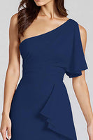 Laden Sie das Bild in den Galerie-Viewer, Schwarz Eine Schulter Satin Midi Formelle Kleid mit Rüschen