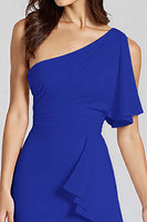 Laden Sie das Bild in den Galerie-Viewer, Schwarz Eine Schulter Satin Midi Formelle Kleid mit Rüschen