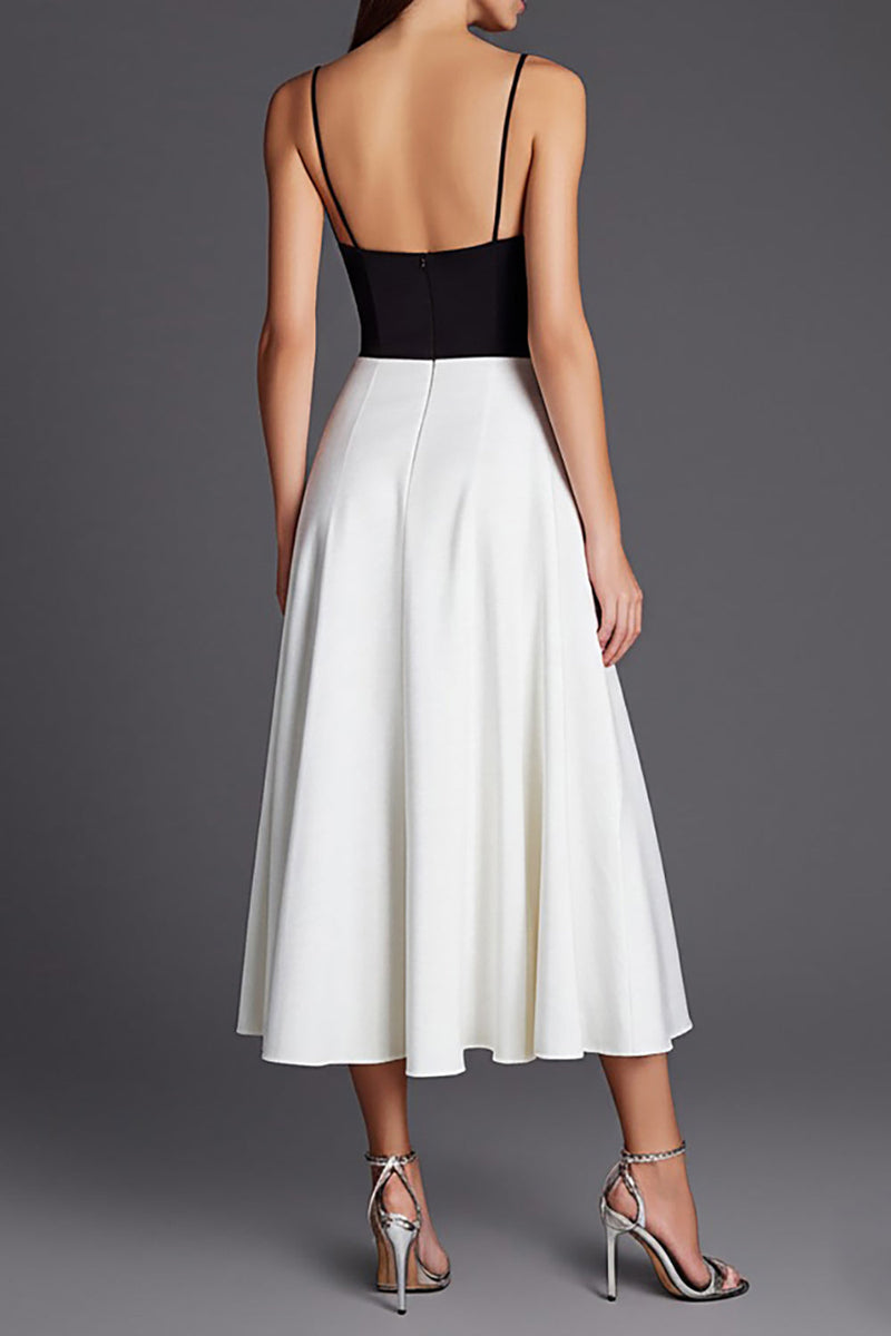 Laden Sie das Bild in den Galerie-Viewer, Schwarz und Weiß Satin Spaghettiträger A Linie Lange Formelle Kleid