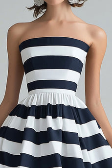 Marineblau Weiß Trägerlos Streifen A Linie Midi Cocktail Kleid