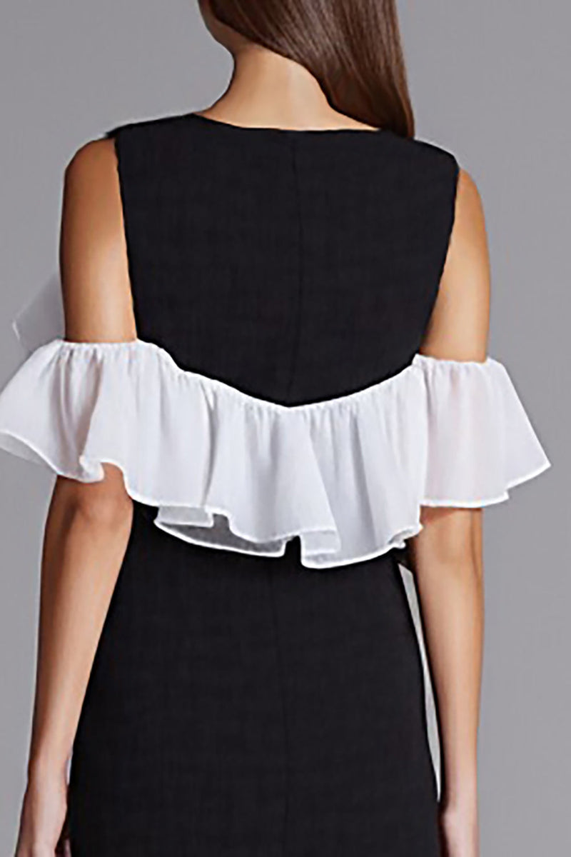 Laden Sie das Bild in den Galerie-Viewer, Schwarz und Weiß Bodycon Satin Midi Cocktail Kleid mit Rüschen