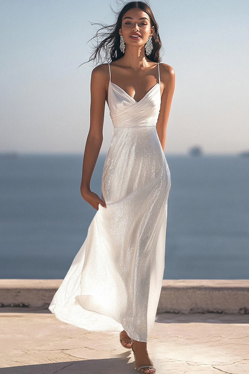 Laden Sie das Bild in den Galerie-Viewer, Glitzer Elfenbein Geraffte Maxi Pailletten Hochzeitskleid