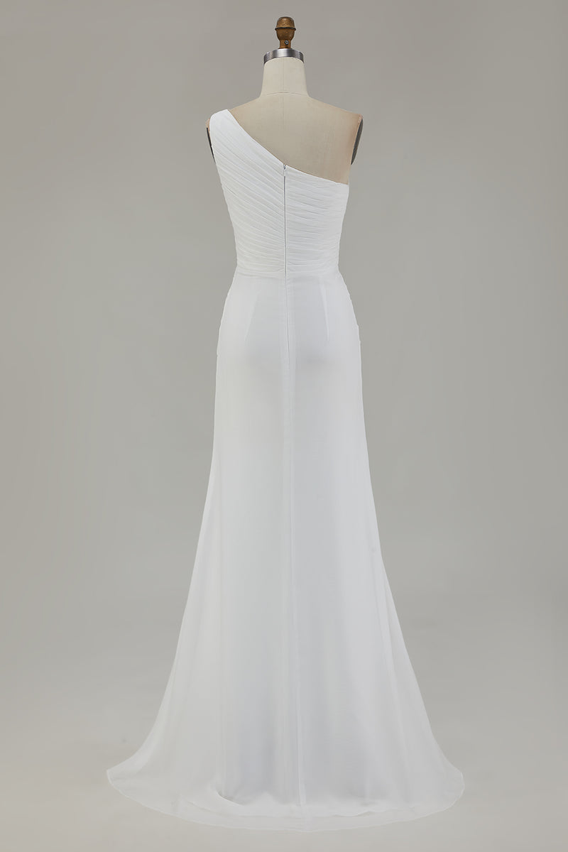 Laden Sie das Bild in den Galerie-Viewer, Elfenbein Eine Schulter Chiffon Maxi Standesamtkleid mit Schlitz