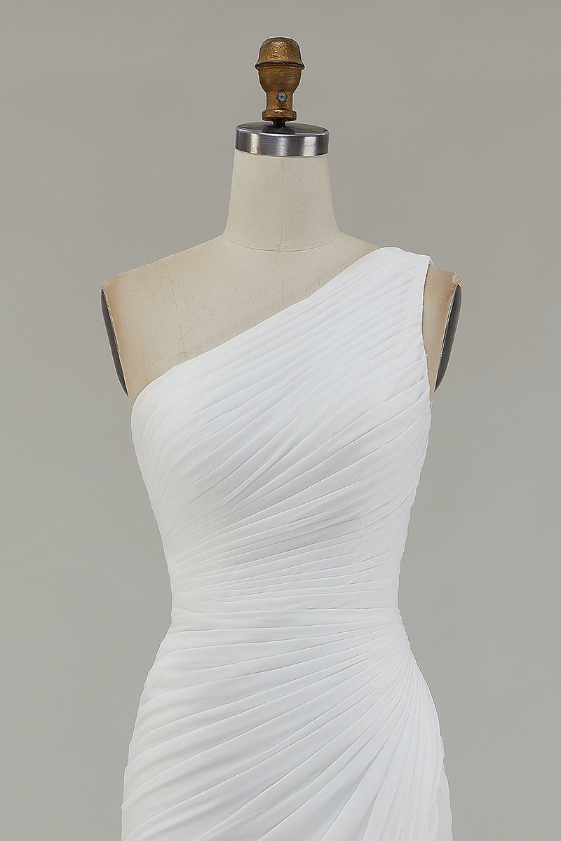 Laden Sie das Bild in den Galerie-Viewer, Elfenbein Eine Schulter Chiffon Maxi Standesamtkleid mit Schlitz