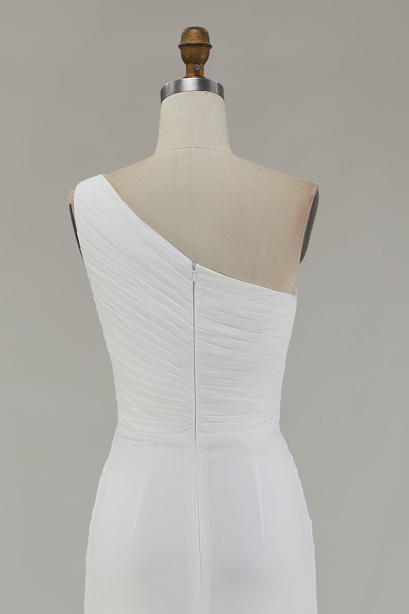 Laden Sie das Bild in den Galerie-Viewer, Elfenbein Eine Schulter Chiffon Maxi Standesamtkleid mit Schlitz