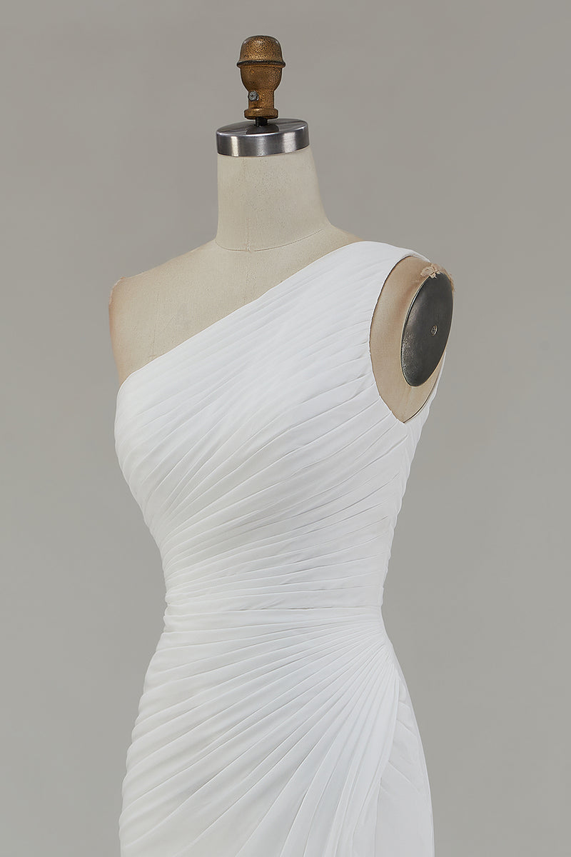 Laden Sie das Bild in den Galerie-Viewer, Elfenbein Eine Schulter Chiffon Maxi Standesamtkleid mit Schlitz