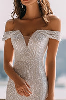 Laden Sie das Bild in den Galerie-Viewer, Glitzer Elfenbein Pailletten Etui Maxi Hochzeitskleid