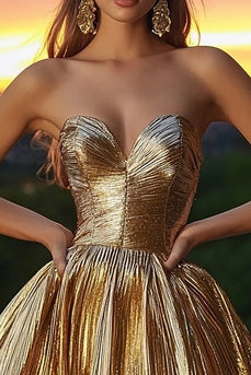 Glitzer Gold Metallic Herz-Ausschnitt Kurze Cocktail Kleid