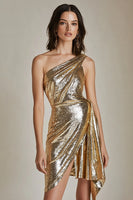 Laden Sie das Bild in den Galerie-Viewer, Glitzer Eine Schulter Gold Metallic Kurze Party Kleid mit Schlitz