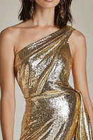 Laden Sie das Bild in den Galerie-Viewer, Glitzer Eine Schulter Gold Metallic Kurze Party Kleid mit Schlitz