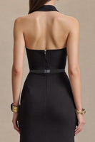 Laden Sie das Bild in den Galerie-Viewer, Schwarz Satin Neckholder Etuikleid Lang Abendkleid mit Schlitz