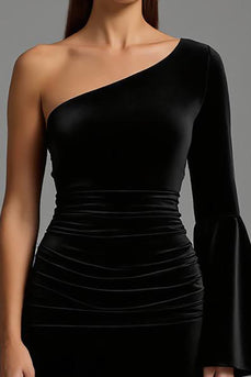 Schwarz Ein Schulter Gerafft Samt Lang Abendkleid