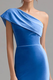Blau Samt Ein Schulter Midi Bodycon Cocktailkleid mit Schlitz