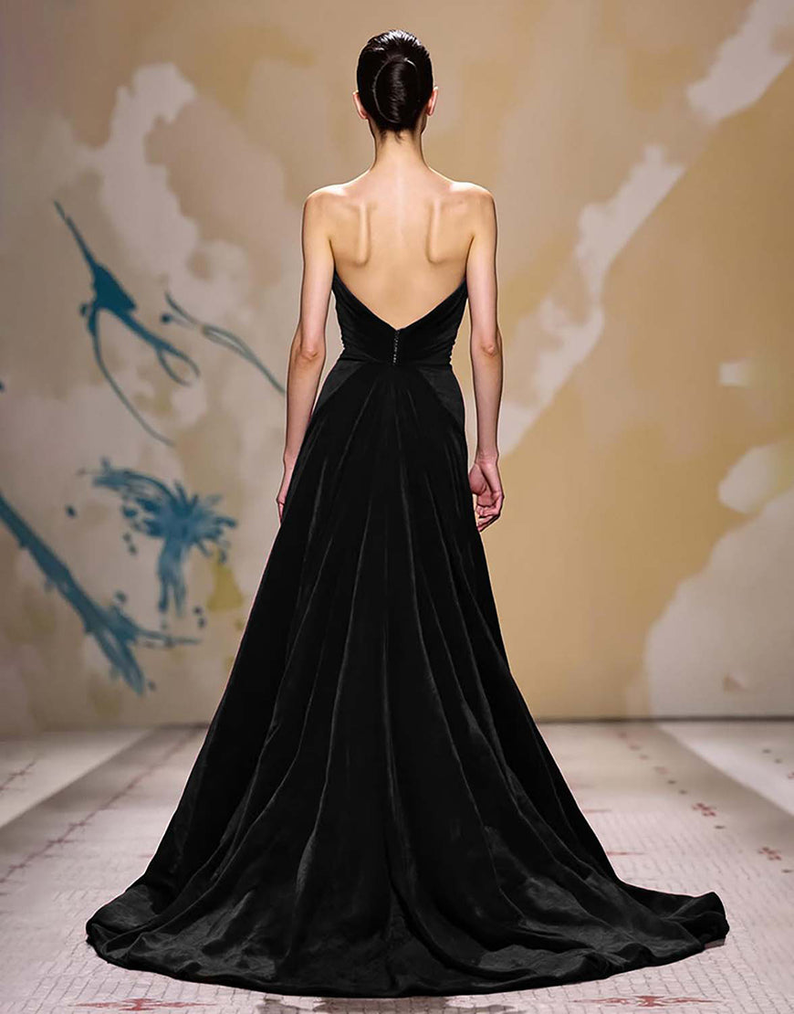 Laden Sie das Bild in den Galerie-Viewer, Dunkelrot Samt Trägerlos Lang Abendkleid