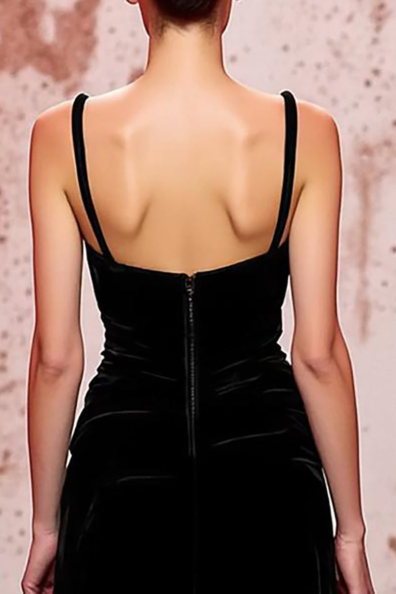 Laden Sie das Bild in den Galerie-Viewer, Einfach Schwarz Spaghettiträger Samt Lang Abendkleid