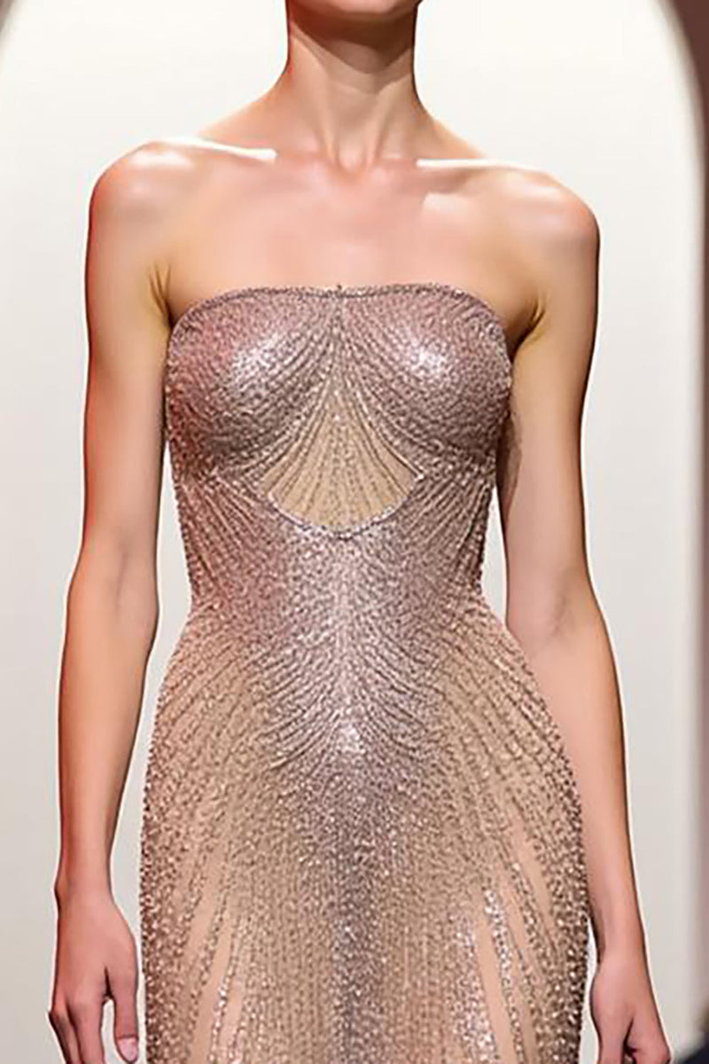 Laden Sie das Bild in den Galerie-Viewer, Glitzernd Champagner Meerjungfrau Rückenfrei Lang Trägerlos Abendkleid