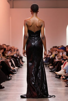 Glitzernd Schwarz Meerjungfrau Trägerlos Pailletten Lang Abendkleid