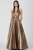 Laden Sie das Bild in den Galerie-Viewer, Gold Metallic Neckholder Falten Lange Abendkleid