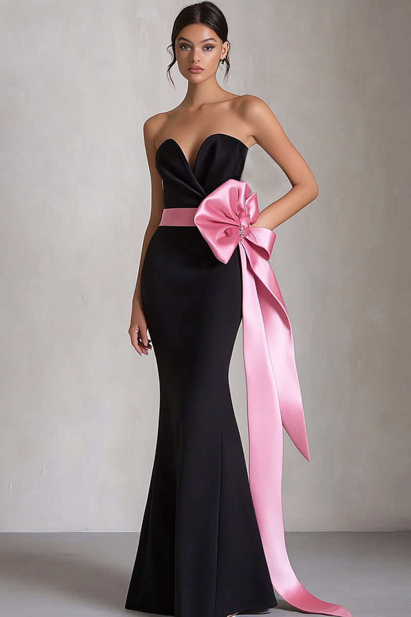 Laden Sie das Bild in den Galerie-Viewer, Schwarz und Rosa Sheath Satin Lange Abendkleid mit Bow