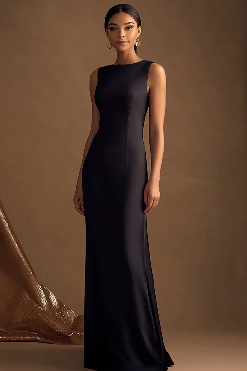 Laden Sie das Bild in den Galerie-Viewer, Einfaches Schwarz Satin Lange Sheath Abendkleid