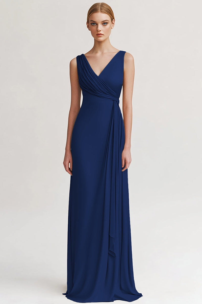 Laden Sie das Bild in den Galerie-Viewer, Schwarz V Ausschnitt Sheath Lange Abendkleid mit Rüschen