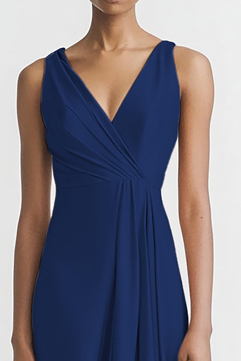 Laden Sie das Bild in den Galerie-Viewer, Schwarz Satin A Linie Rüschen V Ausschnitt Lange Abendkleid